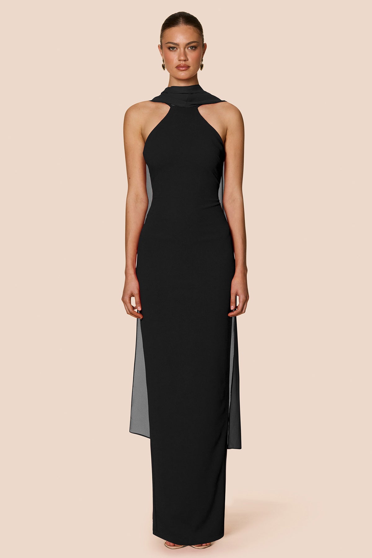 high neckline black dress Martini High Neck Gown