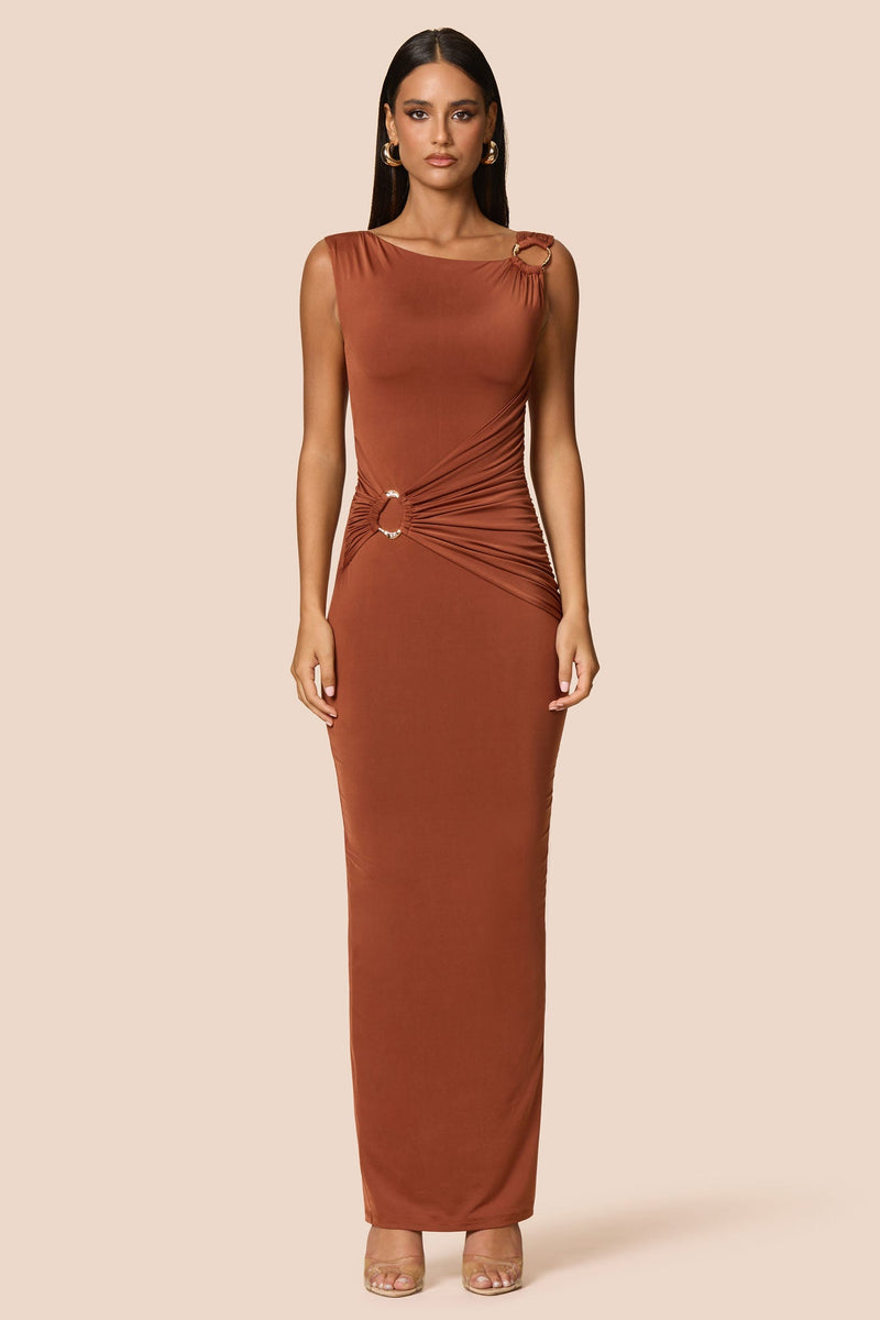 brown maxi dress australia Lyari Satin Maxi Dress – Strapless, High Slit, Chocolate main image 1